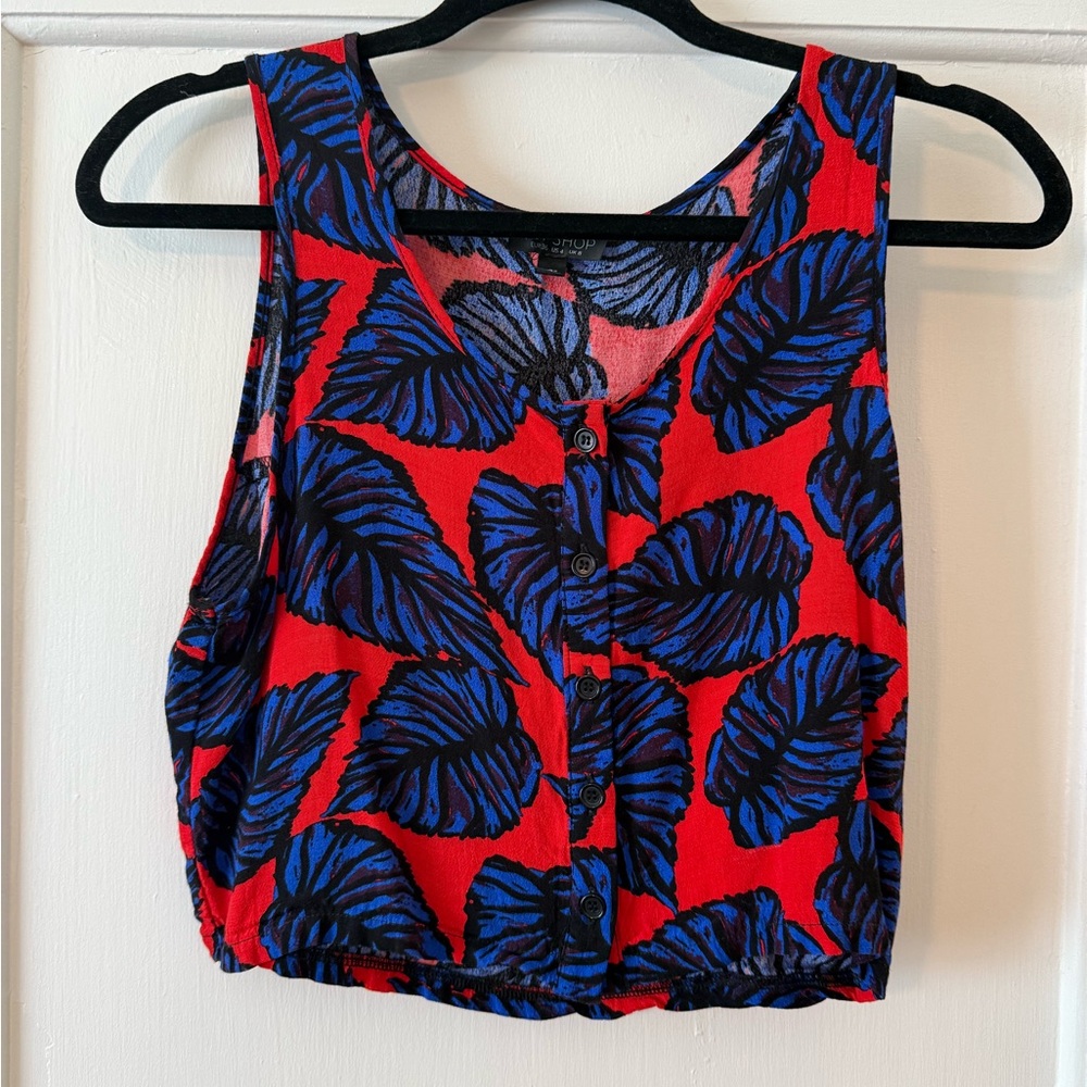 Topshop Red and Blue Leaf Print Crop Top